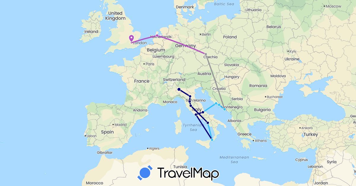 TravelMap itinerary: driving, plane, train, boat in Czech Republic, United Kingdom, Croatia, Italy, Netherlands (Europe)